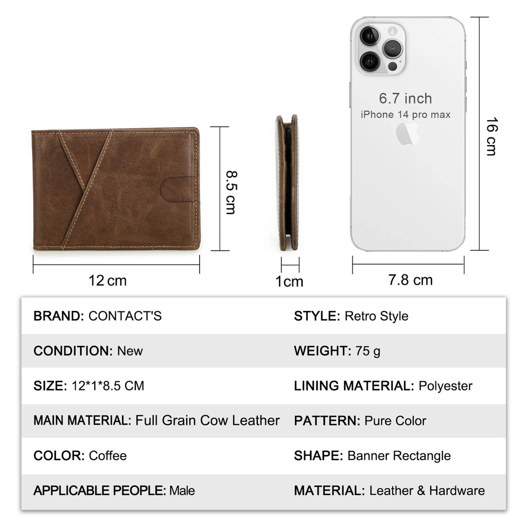 LOR MALE Men's Genuine Leather RFID Wallet, Ultra-thin Slim Bifold Design, Card Holder with Money Clip, Vintage High Quality Purse
