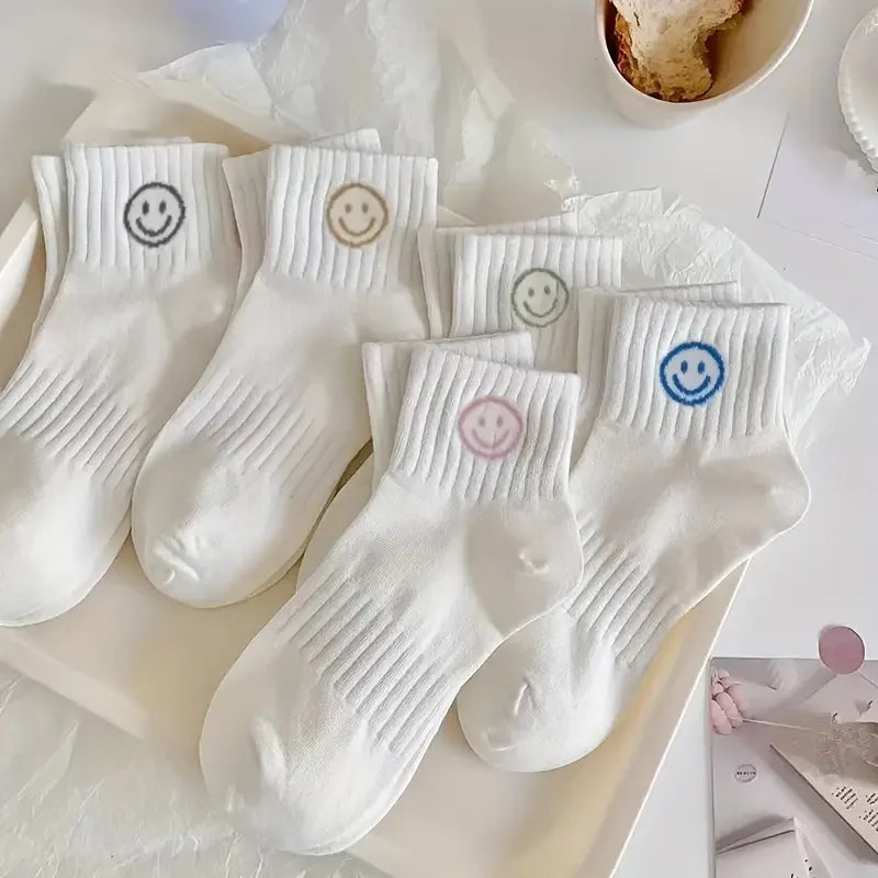 LOR MALE 5 Pairs of Whimsical Cartoon Face Print Short Socks - Soft, Breathable, and Comfortable Polyester Knit Fabric