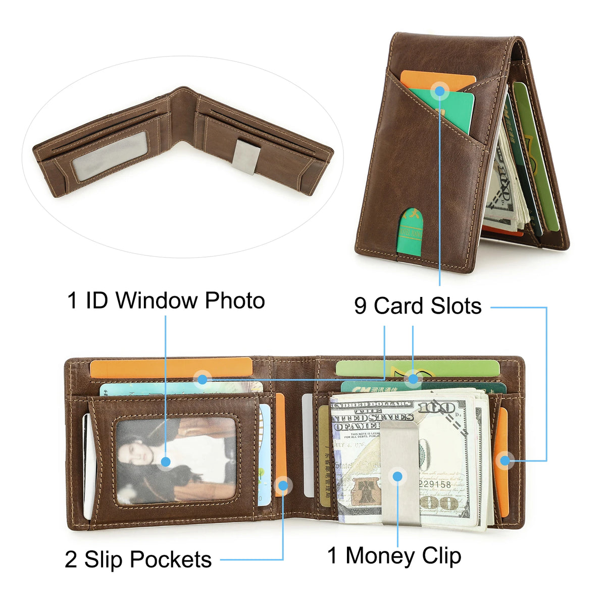 LOR MALE Men's Genuine Leather RFID Wallet, Ultra-thin Slim Bifold Design, Card Holder with Money Clip, Vintage High Quality Purse