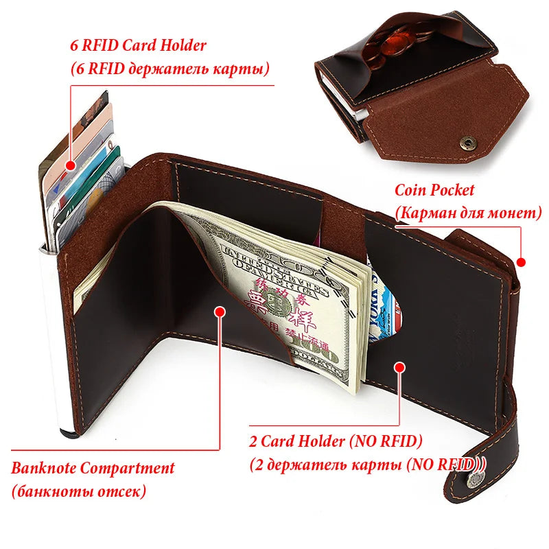 LOR MALE Minimalist Aluminum Credit Card Holder Wallet for Men RFID Vintage Crazy Horse Leather Bank Cardholder Case Quality Coin Purse