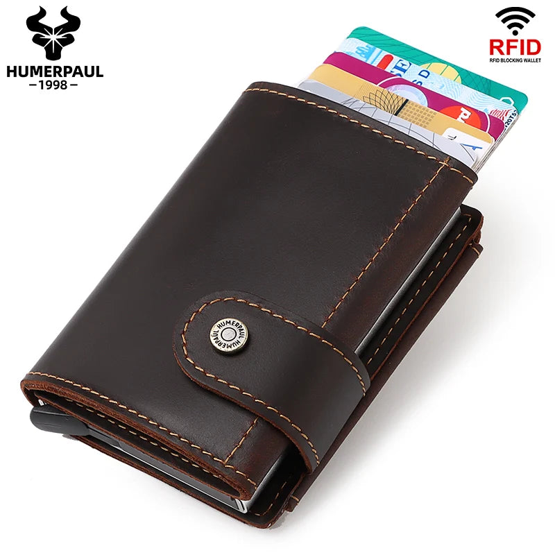 LOR MALE Minimalist Aluminum Credit Card Holder Wallet for Men RFID Vintage Crazy Horse Leather Bank Cardholder Case Quality Coin Purse