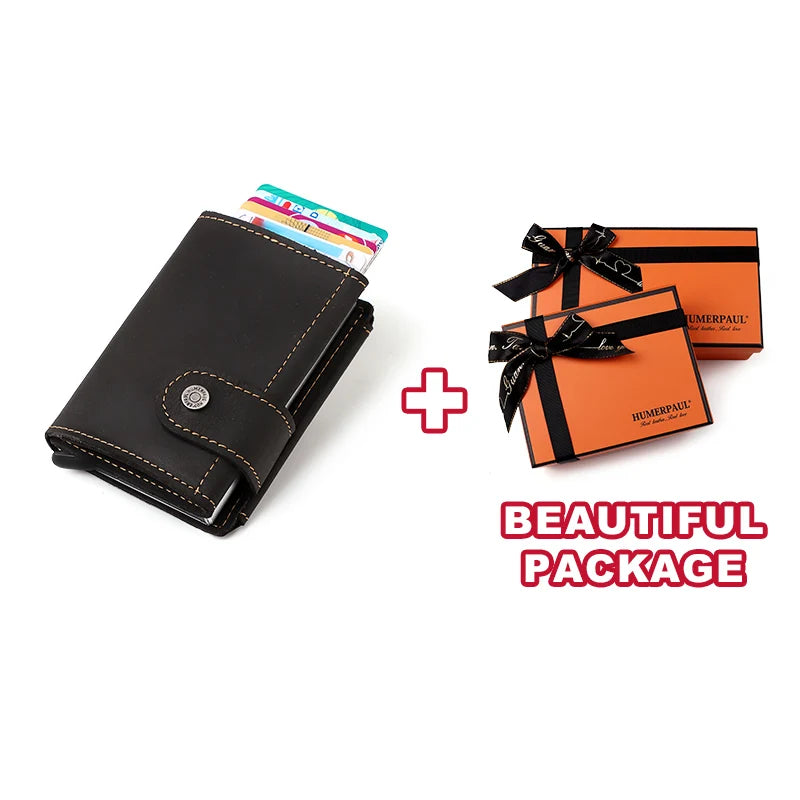 LOR MALE Minimalist Aluminum Credit Card Holder Wallet for Men RFID Vintage Crazy Horse Leather Bank Cardholder Case Quality Coin Purse