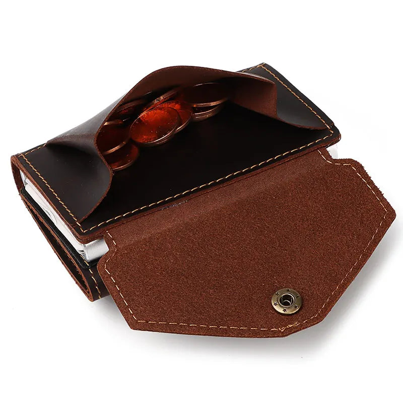 LOR MALE Minimalist Aluminum Credit Card Holder Wallet for Men RFID Vintage Crazy Horse Leather Bank Cardholder Case Quality Coin Purse