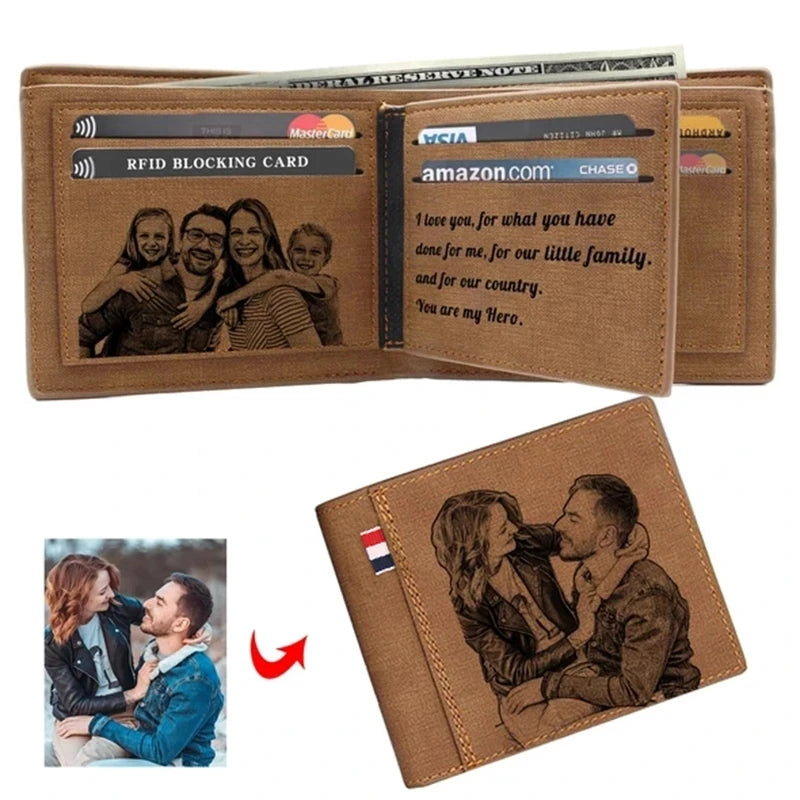 LOR MALE Men Engraved Photo Wallet Pu Leather Short Wallet Custom Photo Purse