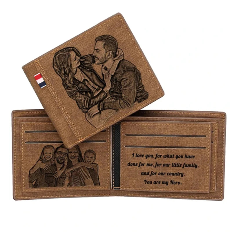LOR MALE Men Engraved Photo Wallet Pu Leather Short Wallet Custom Photo Purse
