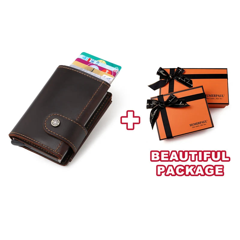 LOR MALE Minimalist Aluminum Credit Card Holder Wallet for Men RFID Vintage Crazy Horse Leather Bank Cardholder Case Quality Coin Purse