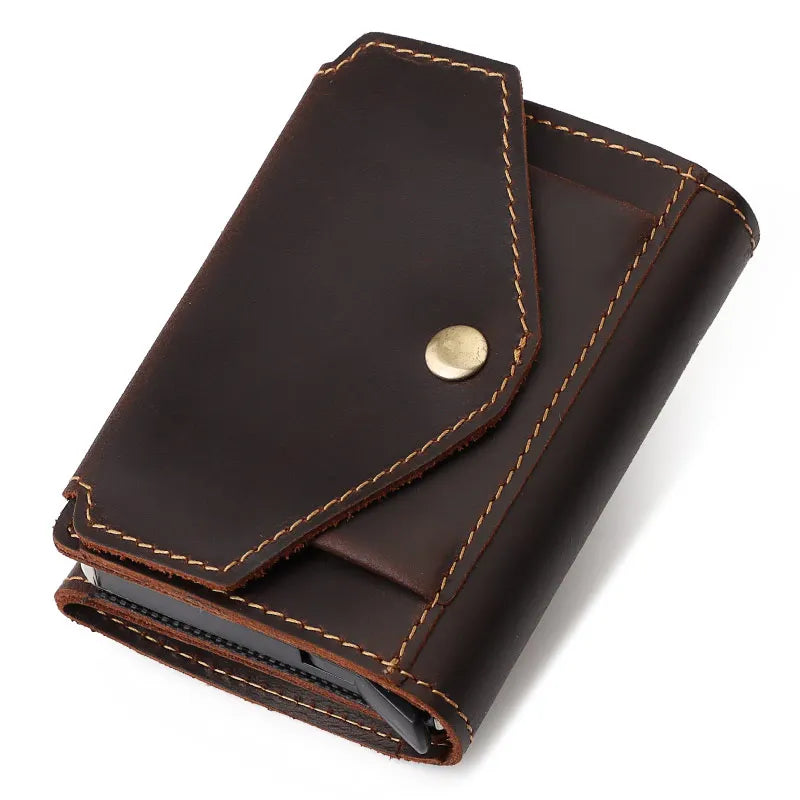 LOR MALE Minimalist Aluminum Credit Card Holder Wallet for Men RFID Vintage Crazy Horse Leather Bank Cardholder Case Quality Coin Purse