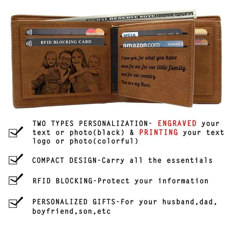 LOR MALE Men Engraved Photo Wallet Pu Leather Short Wallet Custom Photo Purse