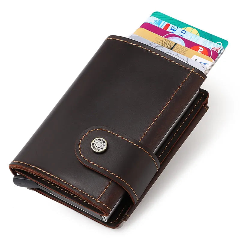 LOR MALE Minimalist Aluminum Credit Card Holder Wallet for Men RFID Vintage Crazy Horse Leather Bank Cardholder Case Quality Coin Purse