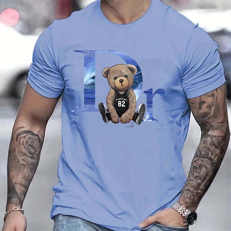 LOR MALE Men's short T-shirt, pure cotton round neck top, loose and comfortable casual T-shirt, suitable for travel and daily use, bear b