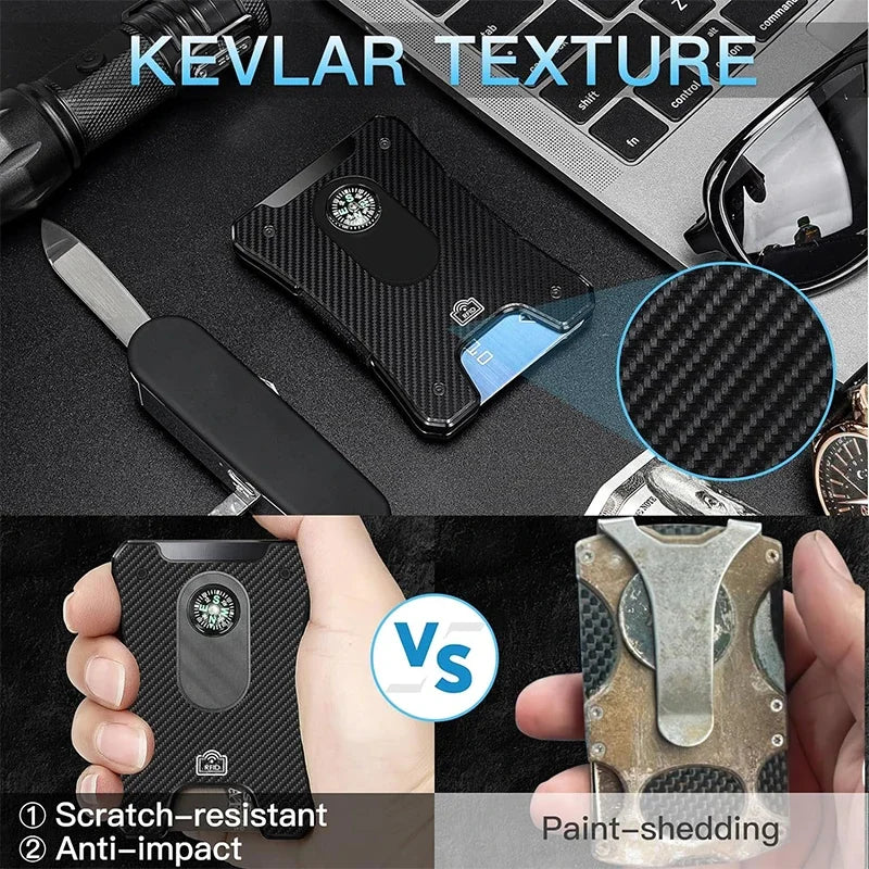LOR MALE Metal Wallet for Men, Ergonomics Design Money Clip Wallet with Compass, Minimalist Slim Wallet with RFID Blocking
