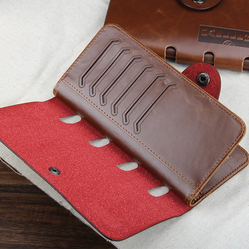 LOR MALE Leather Tri-Fold Wallet - Magnetic Buckle Clutch with Card Holder &