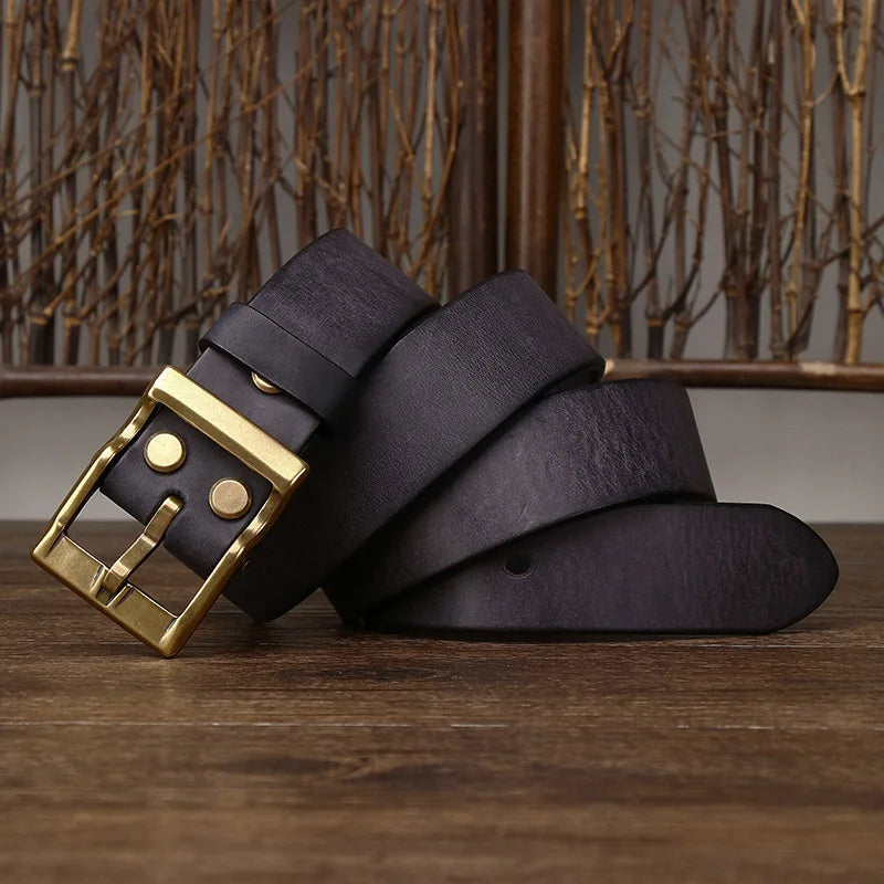 LOR MALE 3.8 Cm Wide High Quality Genuine Leather Belt Men's Retro Thickened First Layer Pure Cowhide Brass Buckle Jeans Luxury Male Belt
