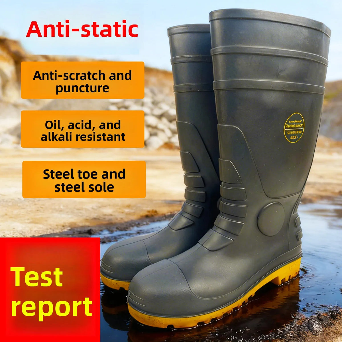 LOR MALE Leer Steel Toe Anti-Static Oil Resistant Chemical Proof Safety Boots Chemical Factory Gas Station Rain Boots Waterproof Shoes