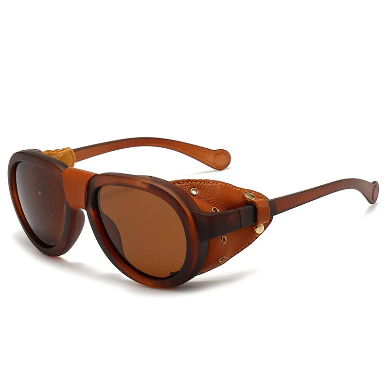 LOR MALE Polarized Sunglasses For Women Men Round Steampunk Leather Eyeglasses Vintage 2