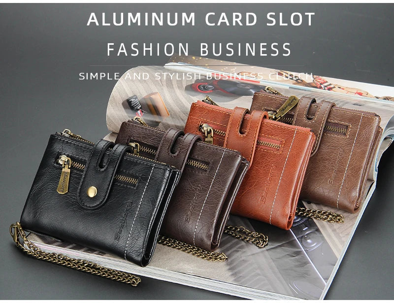 LOR MALE Business Men Wallets Pu Leather Short Card Holder Chain Luxury Brand