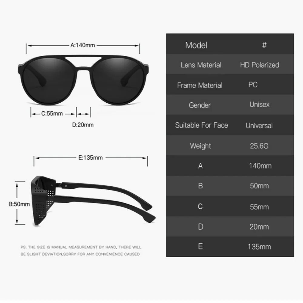 LOR MALE Polarized Sunglasses Steampunk Sports Sun Glasses Round Frame Eyewear with Side Shields UV400 Protection Driving Fishing Cycling