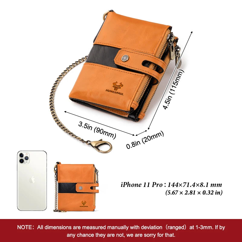 LOR MALE HUMERPAUL Genuine Leather Men's Wallet Fashion Quality Travel Purse Rfid Protect Credit Card Holder Wollst for Men with Chain