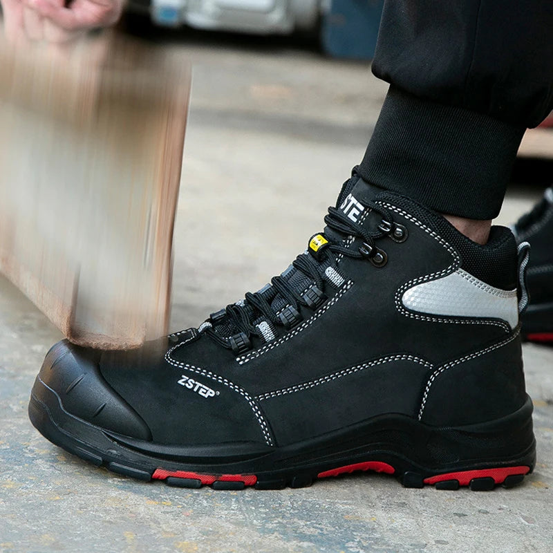 LOR MALE Genuine Leather Men Work Boots Composite Toe Safety Shoes Men Boots Anti-Smash Anti Puncture Security Boots Protection Shoes