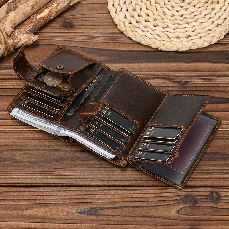 LOR MALE High Quality Genuine Leather Card Wallet Men Women RFID Genuine Leather Short Wallet Multi Cards Slots Button Man Purse