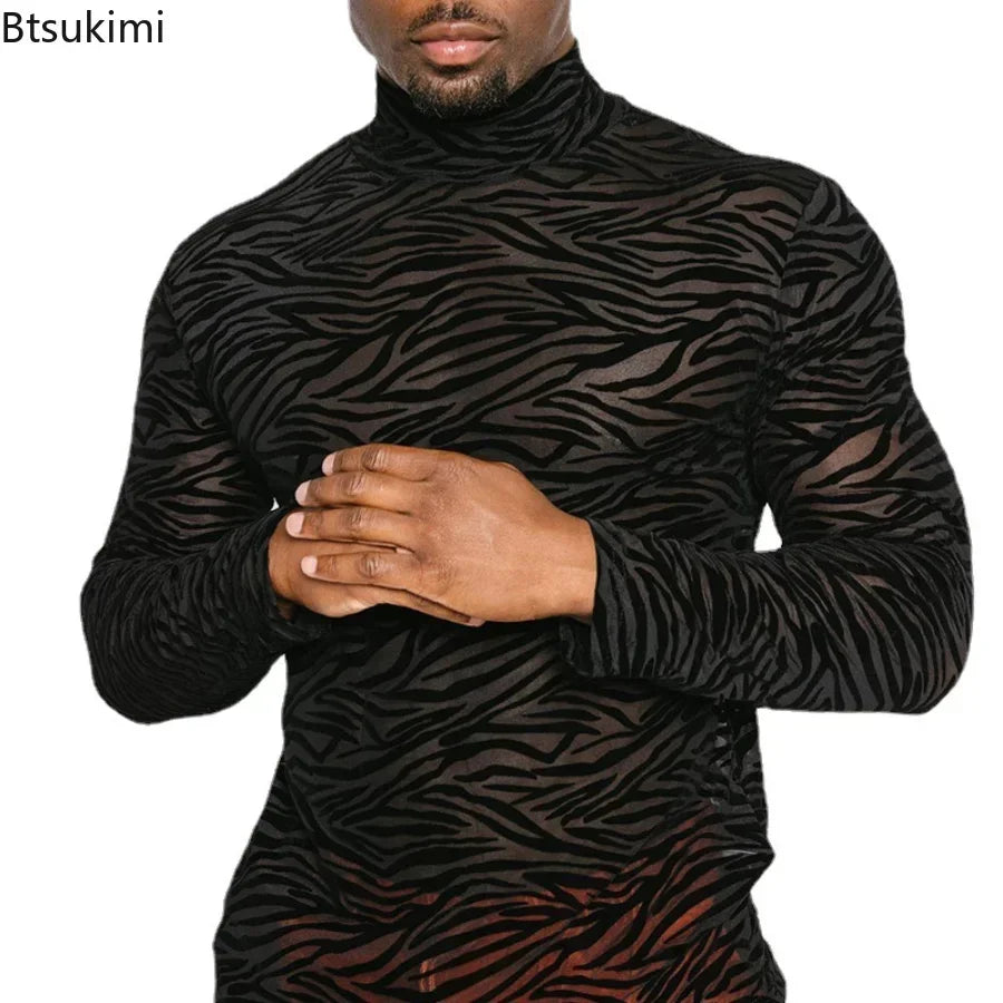 LOR MALE Men's T Shirt Perspective Turtleneck Long-sleeved Lace Tight Fitting T-shirt for Men Streetwear Bottoming Shirt Inside Male Tops