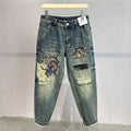 LOR MALE Heavy Duty Washed and Scraped Denim Jeans for Men, Stylish and Stylish, with High-end Embroidered Prints and Loose Tapered Strai