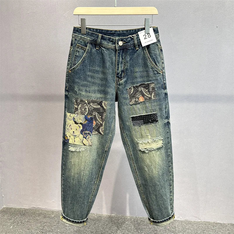 LOR MALE Heavy Duty Washed and Scraped Denim Jeans for Men, Stylish and Stylish, with High-end Embroidered Prints and Loose Tapered Strai