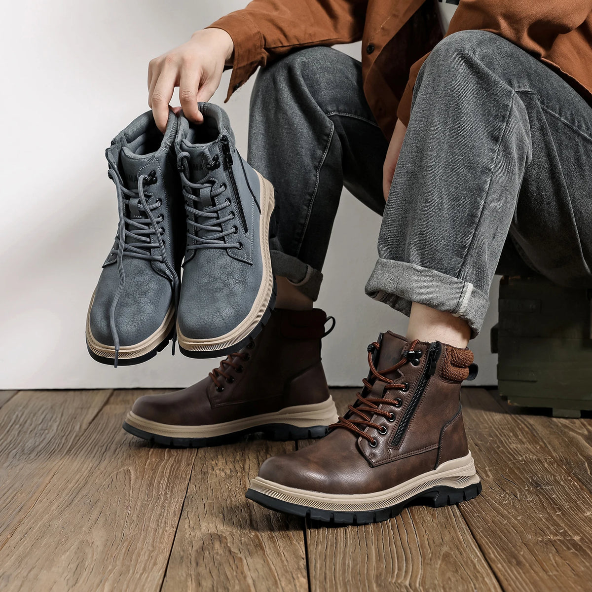 LOR MALE Safety Boots Brown Waterproof Men's Steel Toe Shoes Work Anti-drop Anti-piercing Strong Durable Protective Shoes Indestructible