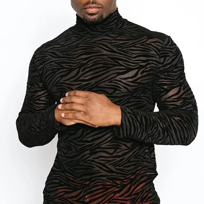 LOR MALE Men's T Shirt Perspective Turtleneck Long-sleeved Lace Tight Fitting T-shirt for Men Streetwear Bottoming Shirt Inside Male Tops