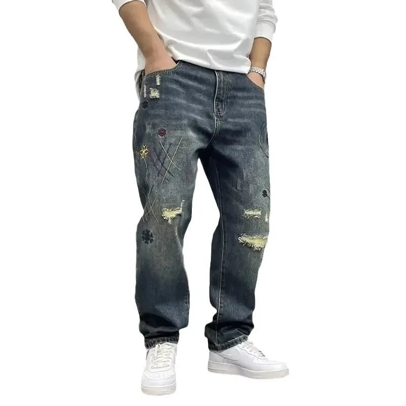 LOR MALE Heavy Duty Washed and Scraped Denim Jeans for Men, Stylish and Stylish, with High-end Embroidered Prints and Loose Tapered Strai