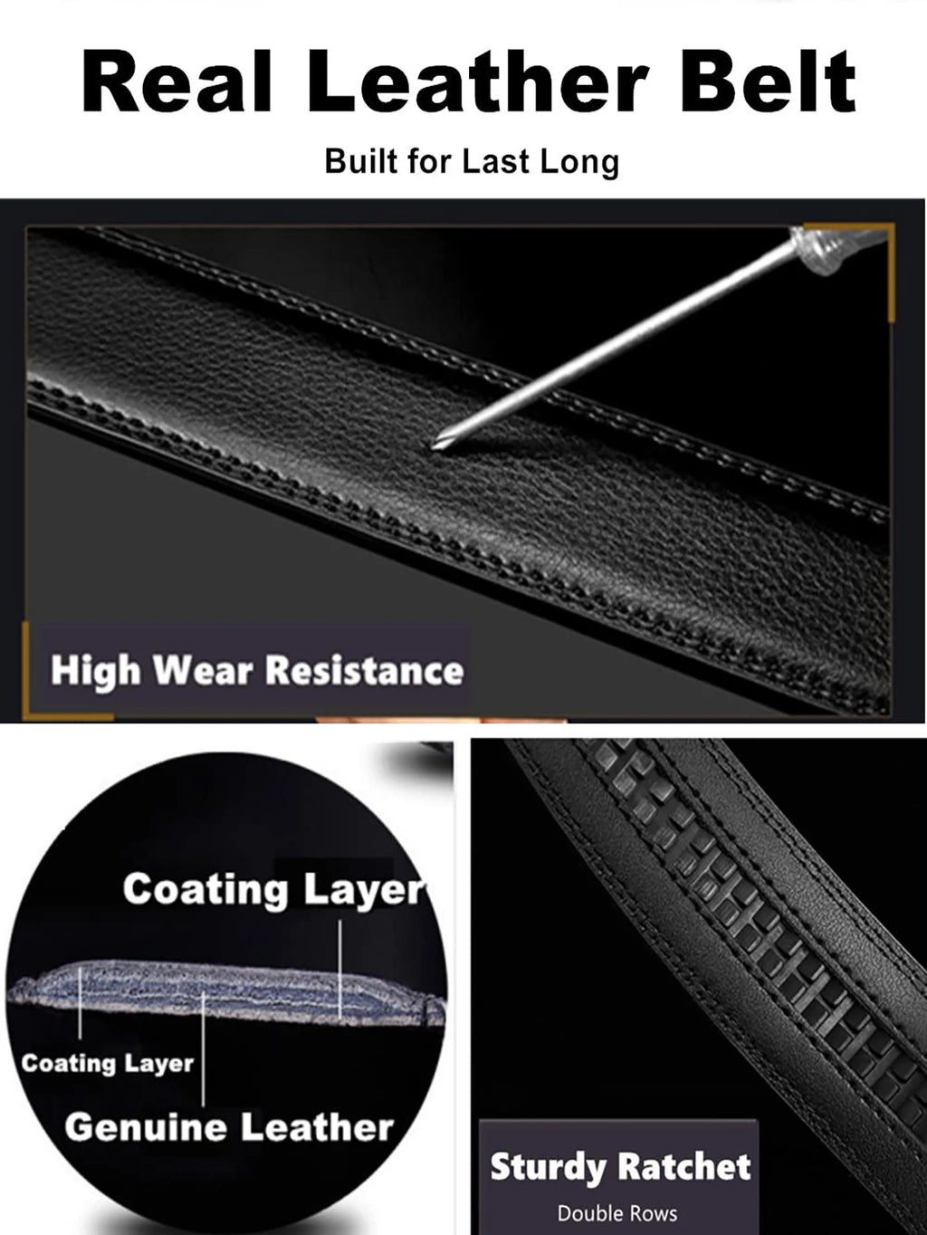 LOR MALE High Quality Black Brown Men’s Belt, Genuine Leather Material, Adjustable Automatic Ratchet Buckle, Cuttable Business Belt