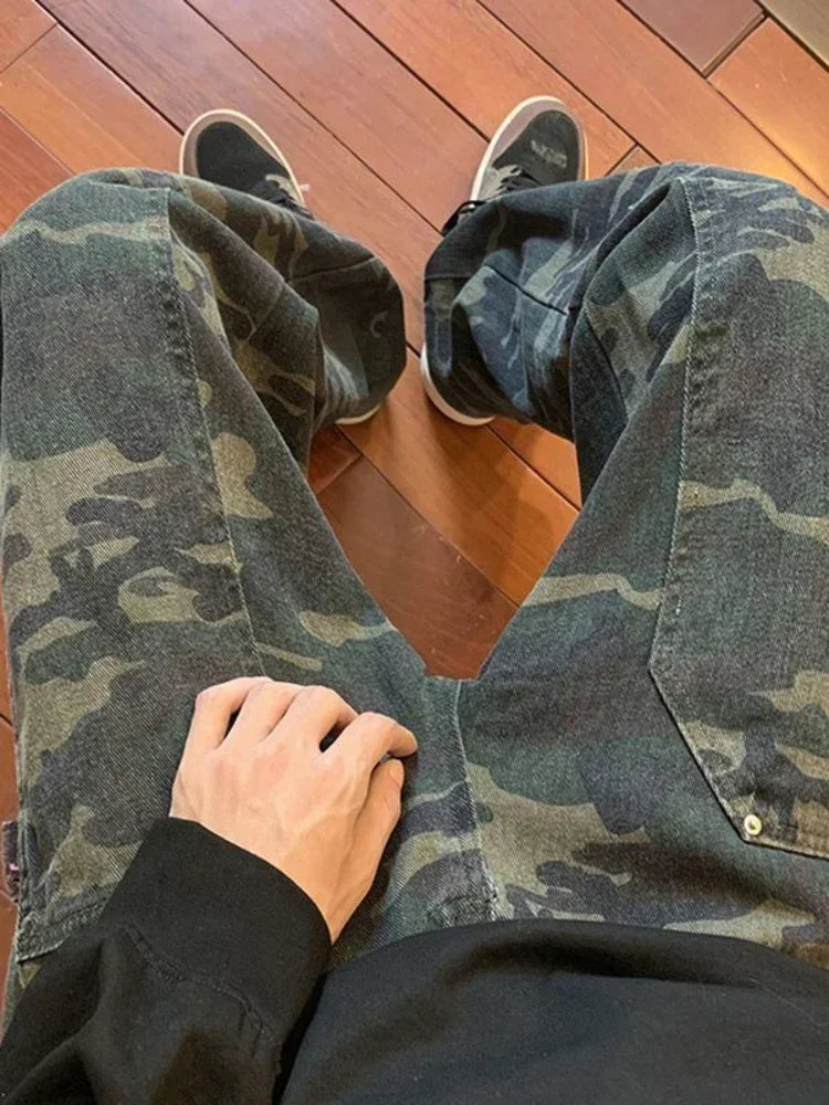 LOR MALE Jeans for Men Spliced Cargo Male Cowboy Pants Camouflage Trousers Punk Straight Xs Y 2k Vintage New in Retro 2025 Trend Baggy