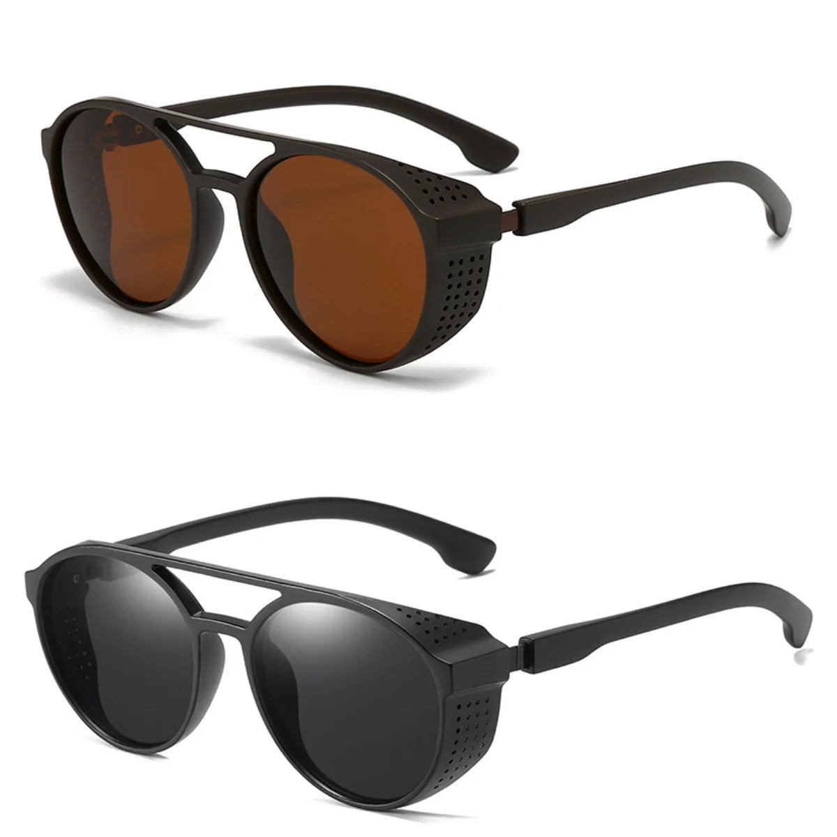LOR MALE Polarized Sunglasses Steampunk Sports Sun Glasses Round Frame Eyewear with Side Shields UV400 Protection Driving Fishing Cycling
