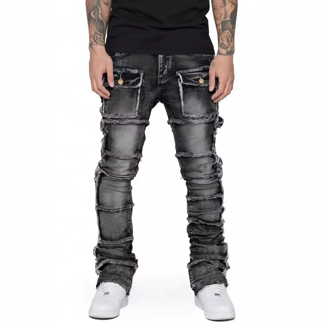 LOR MALE 2025 New Trendy Men Jeans, European and American Fashionable Workwear with Patch, Elastic, Laminated and Slightly Flared Men Den