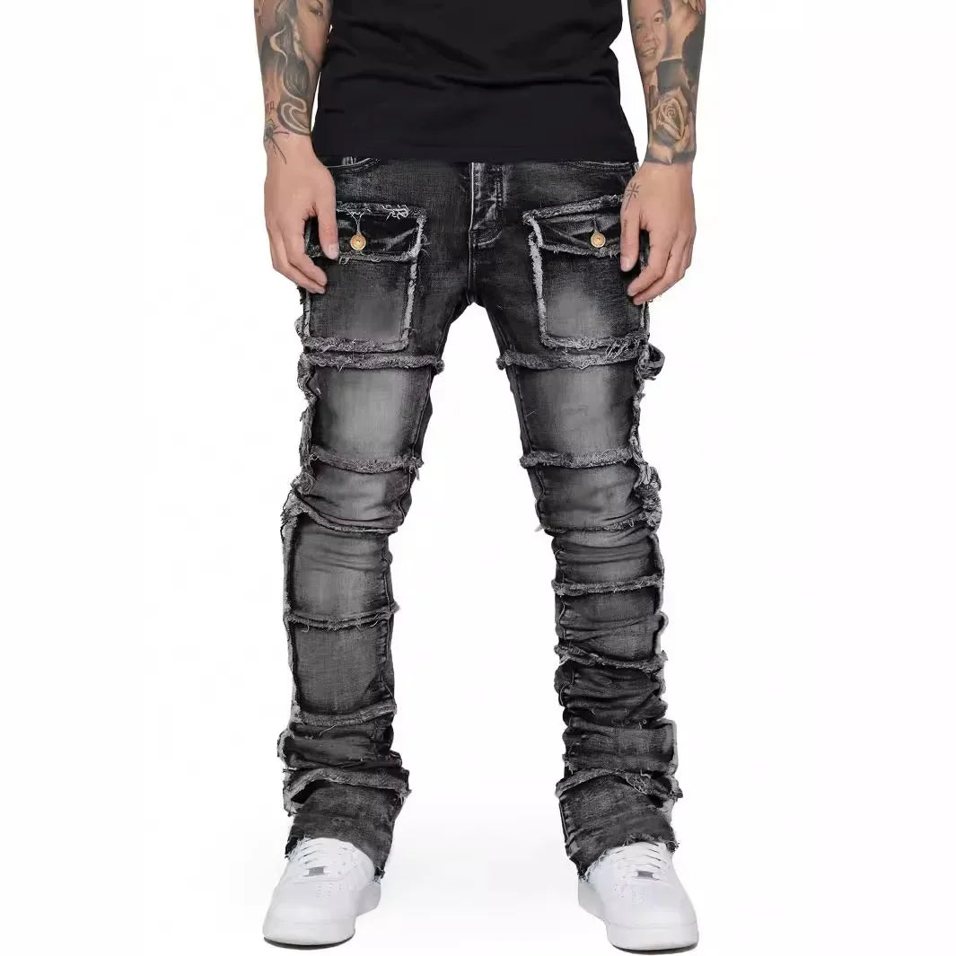 LOR MALE 2025 New Trendy Men Jeans, European and American Fashionable Workwear with Patch, Elastic, Laminated and Slightly Flared Men Den