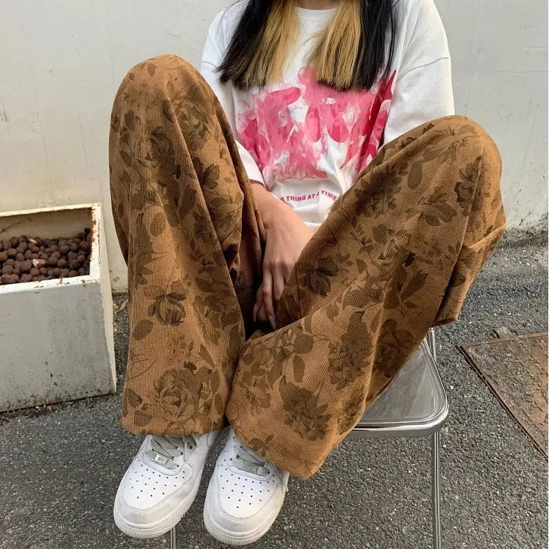 LOR MALE Corduroy Pants Men's Summer Thin Fashion Brand Printed Straight Cylinder Loose Couple Retro Draped Wide-leg Casual