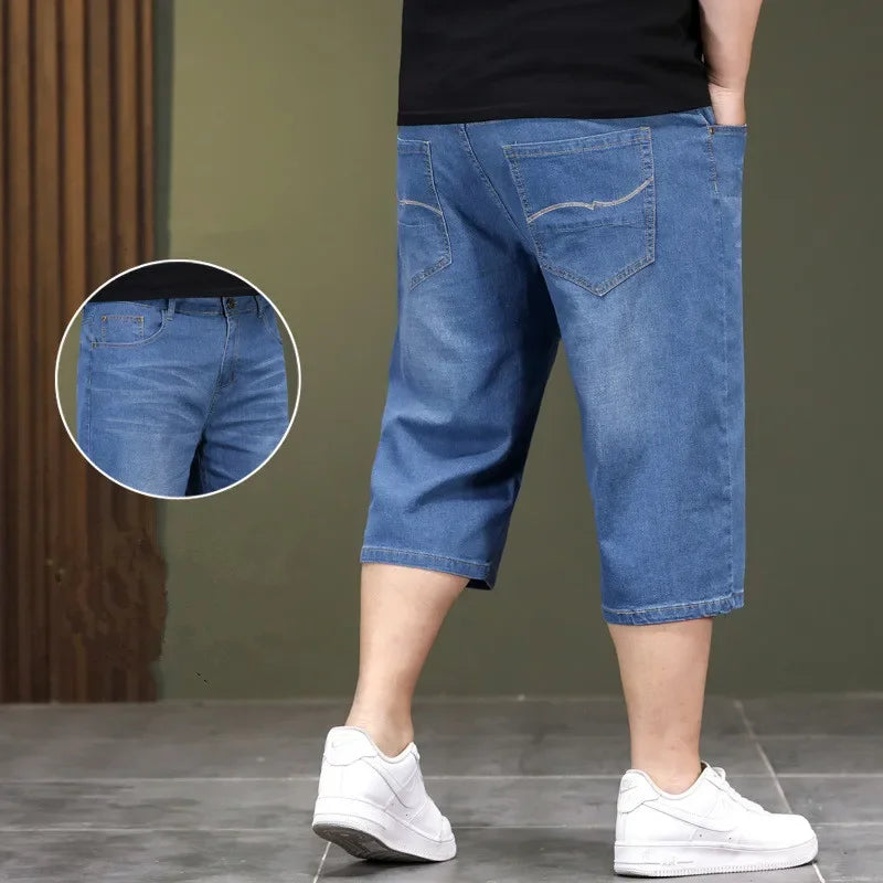 LOR MALE Loose Large Size Jeans Long Shorts for Men High Waist Plus 40 42 44 48 Summer Denim Knee Length Cropped Male Dad Capri Trousers
