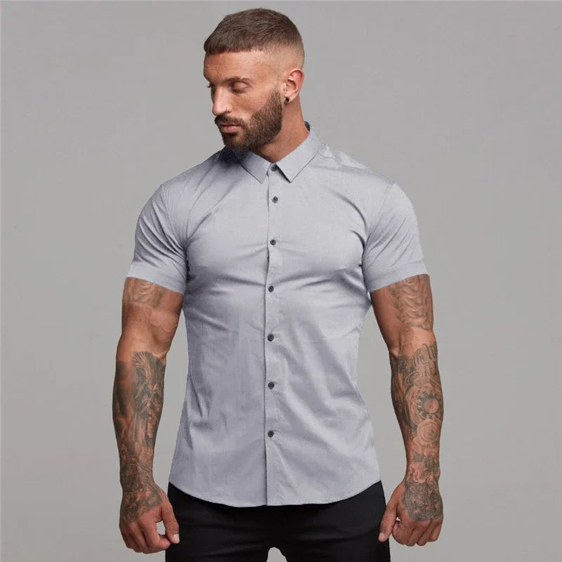 LOR MALE Men's Summer Business Shirt Short Sleeve Turn-down Collar Tuxedo Shirt Fashion Super Slim Fit Male Social Dress Shirt