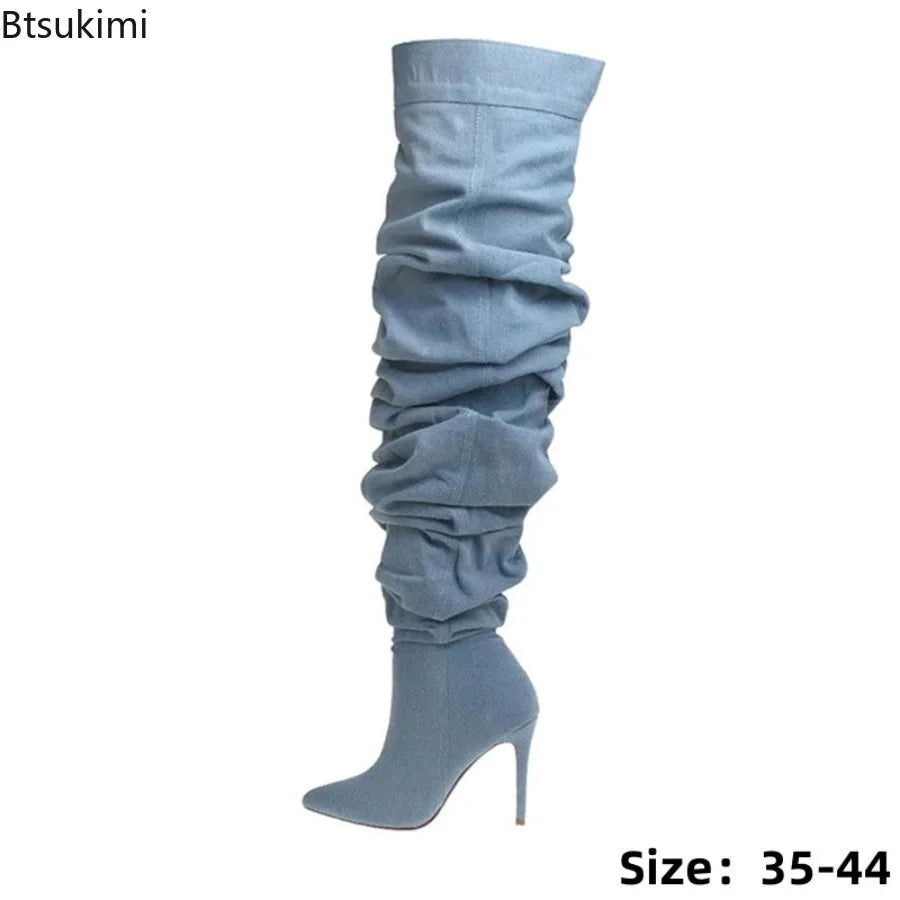 LOR MALE Over The Knee Boots Sexy Pleated Denim Cloth Boots New Solid Color Slip-On Pointy Versatile Patchwork High-heeled Fashion Boots