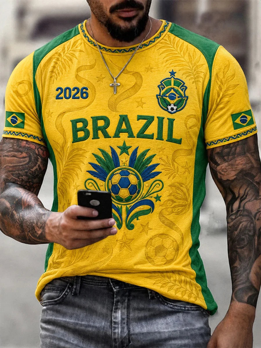 2026 Summer Brazilian Flag 3D Design Football Jersey T-shirt - Suitable for Fans for Outdoor Sports Training - Men's T-shirt