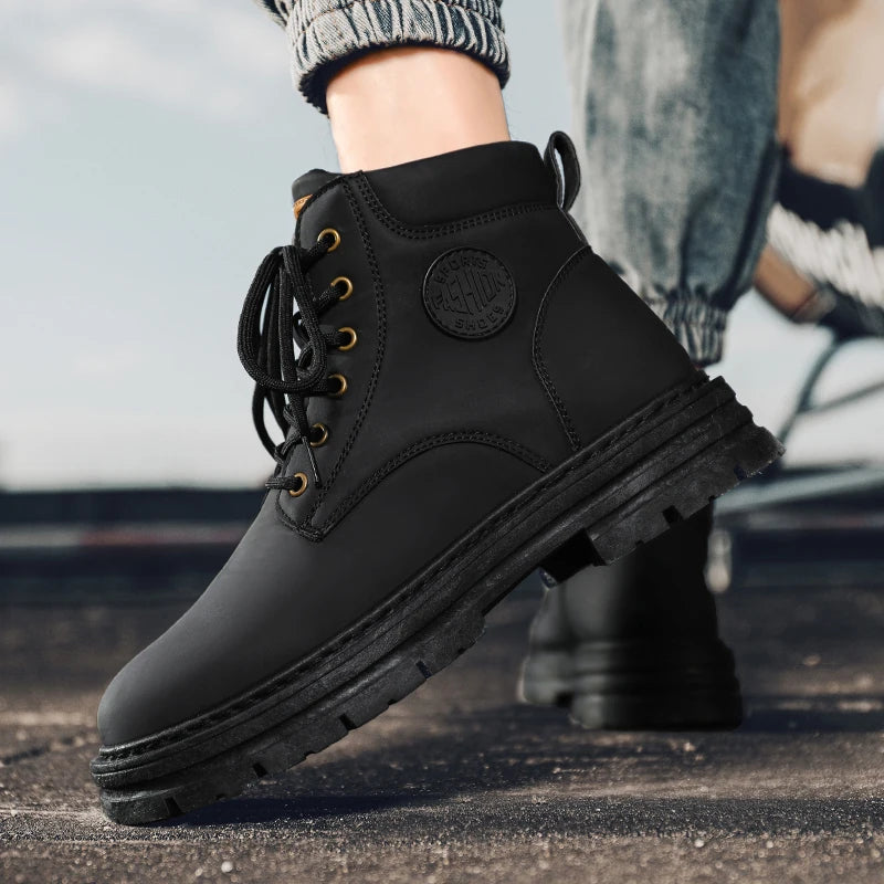 LOR MALE Men's high top boots four season outdoor work shoes anti slip and comfortable yellow boots fashion British casual leather boots