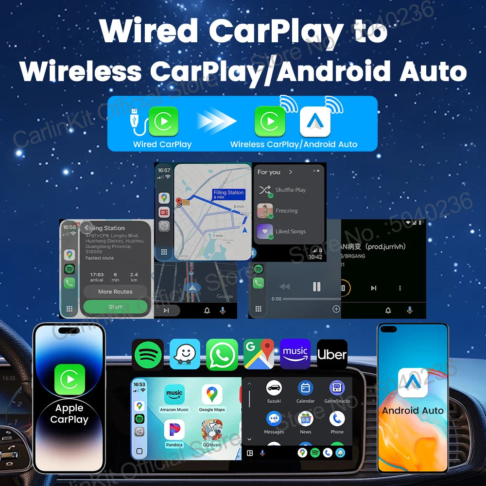 LOR MALE CarlinKit 4.0 2-In-1 Wireless Adapter Wireless Android Auto CarPlay 1 To 2 Smart Car Box Plug &Play OTA Upgrade For CarPlay Cars