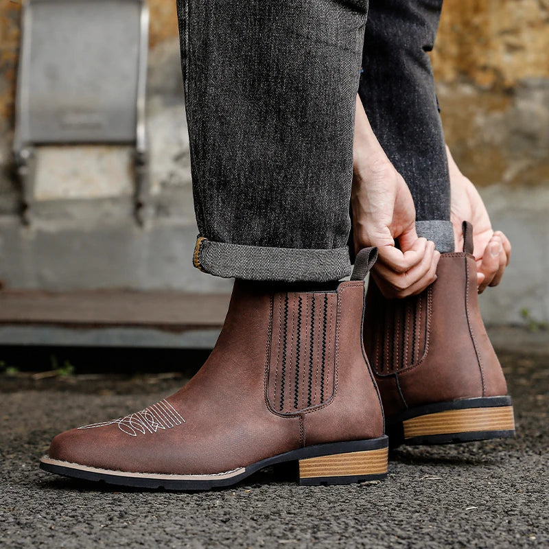 LOR MALE Men's Wide Toe Cowboy Boots Slip On Western Style Outdoor Boots Durable Comfor Leather Ankle Boots Fashion Retro Shoes for Men