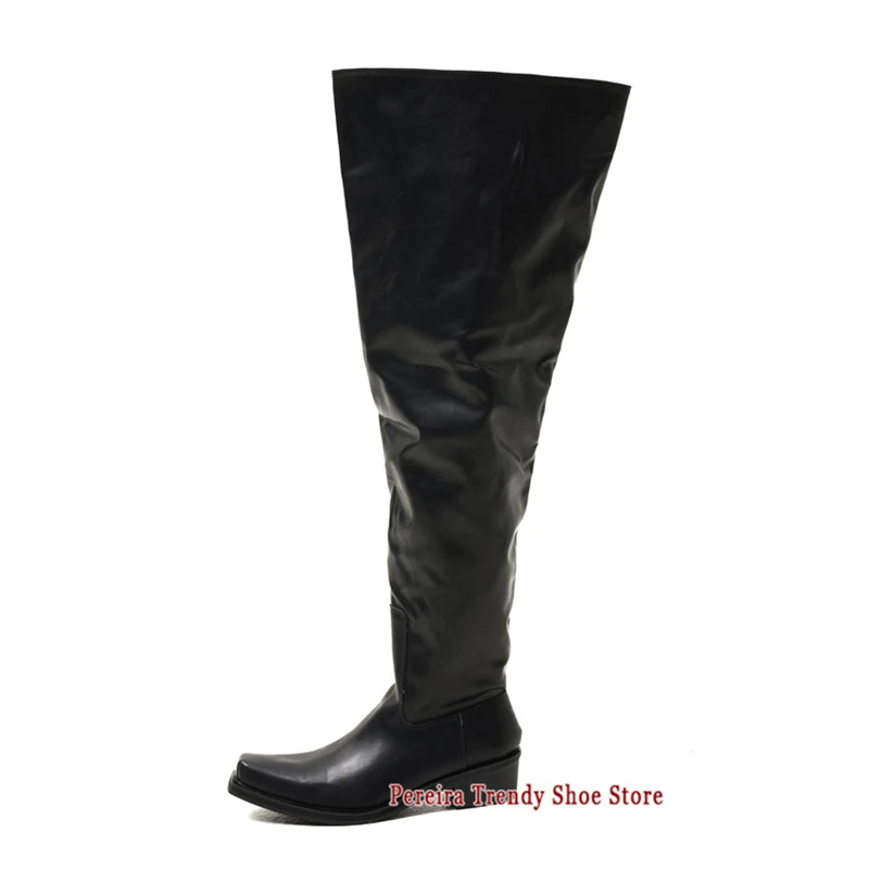 LOR MALE Autumn Winter New Upturned Toe Over The Knee Boots for Men Women Brand Design Black Leather Square Toe Slip-On Knight Boots