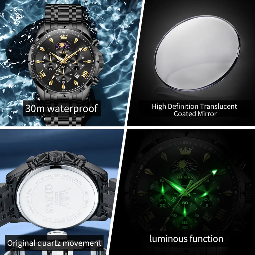 LOR MALE OLEVS 3653 Mans Watch Multifunctional Chronograph Quartz Watch Moon Phase Watc