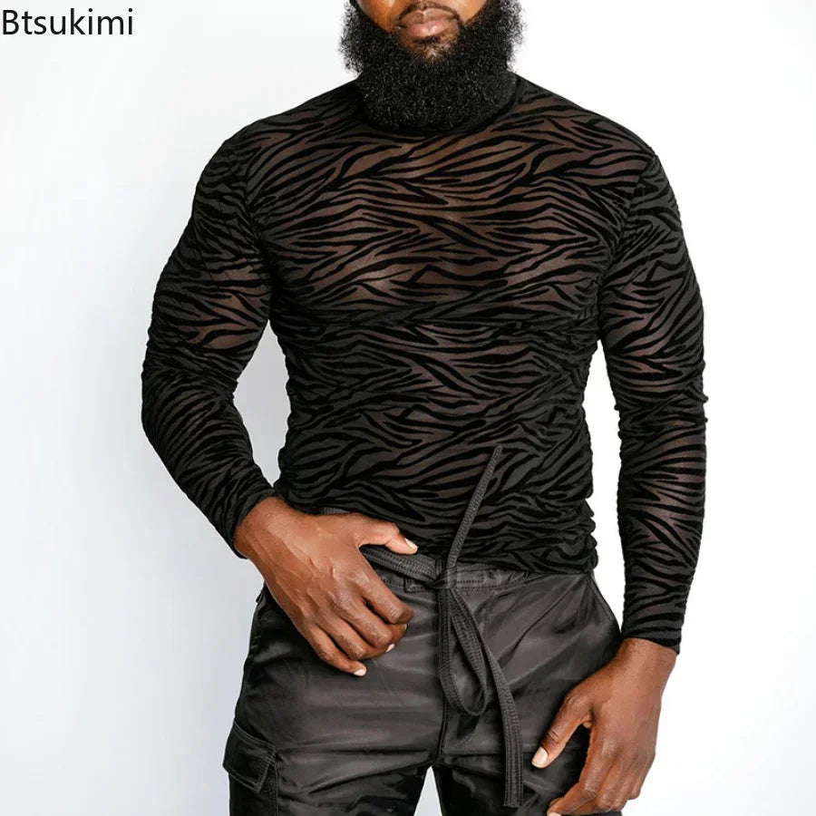 LOR MALE Men's T Shirt Perspective Turtleneck Long-sleeved Lace Tight Fitting T-shirt for Men Streetwear Bottoming Shirt Inside Male Tops