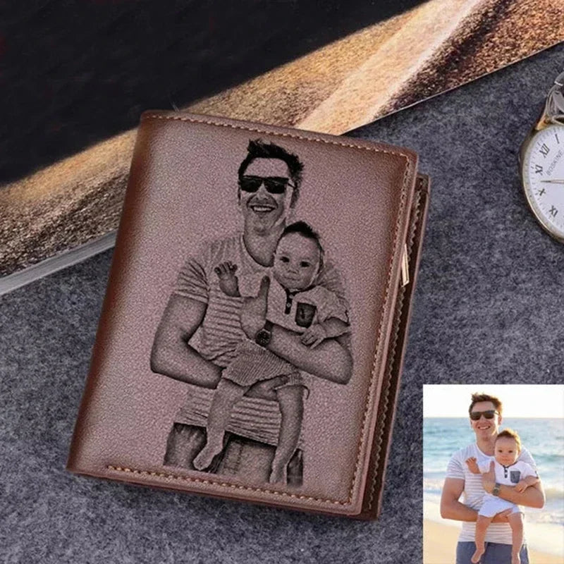 LOR MALE Custom Photo Name Man's Engraving Wallets Personalized Zippered Pu Leather Wal
