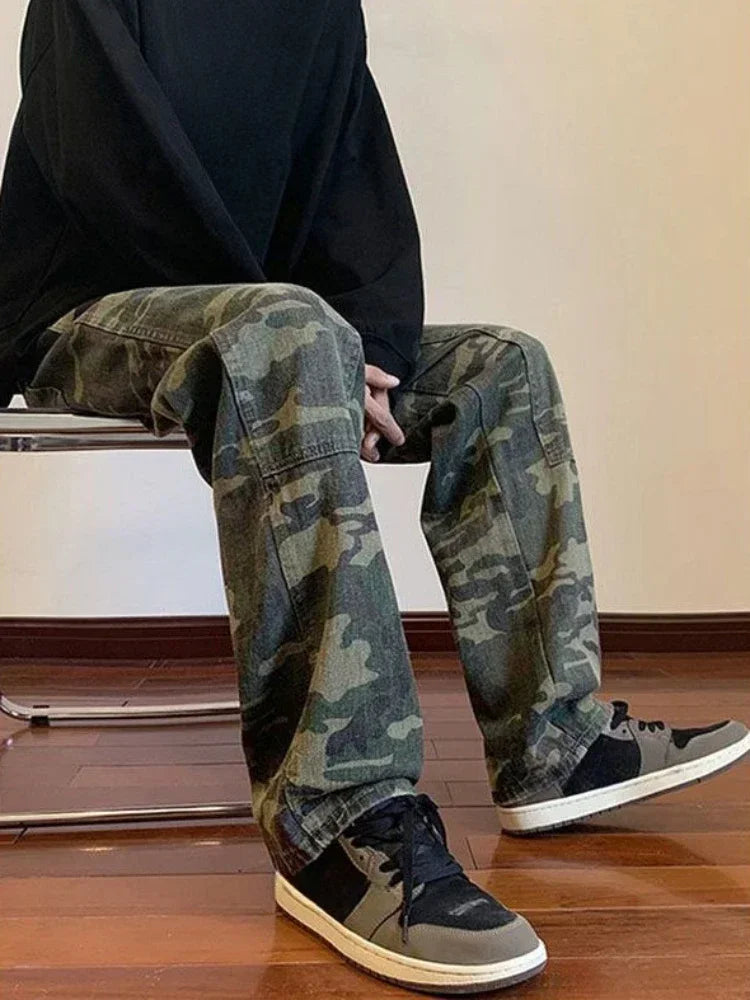 LOR MALE Jeans for Men Spliced Cargo Male Cowboy Pants Camouflage Trousers Punk Straight Xs Y 2k Vintage New in Retro 2025 Trend Baggy