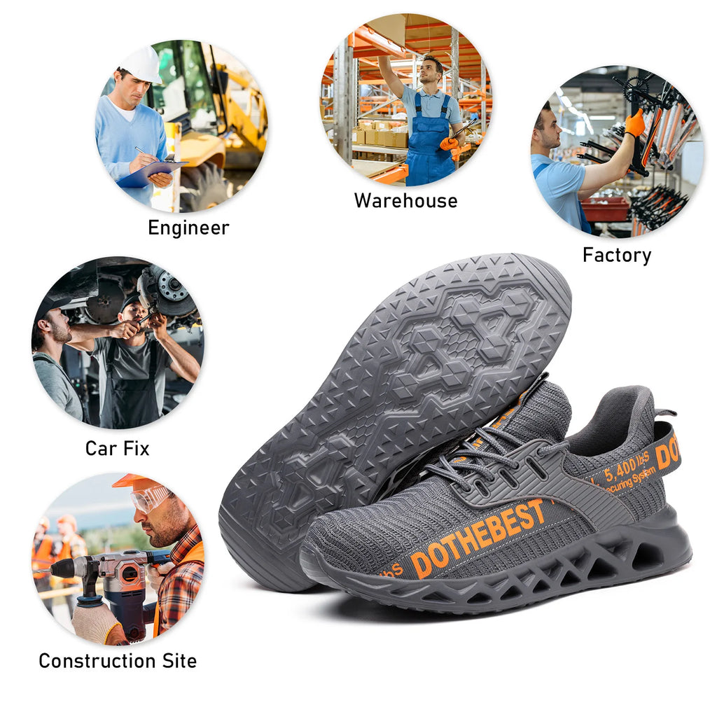 LOR MALE Steel Toe Safety Shoes for Men Lightweight Breathable Work Shoes Grey Anti-Smash Anti-Puncture Work Shoes Comfortable Durable