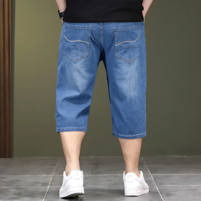 LOR MALE Loose Large Size Jeans Long Shorts for Men High Waist Plus 40 42 44 48 Summer Denim Knee Length Cropped Male Dad Capri Trousers